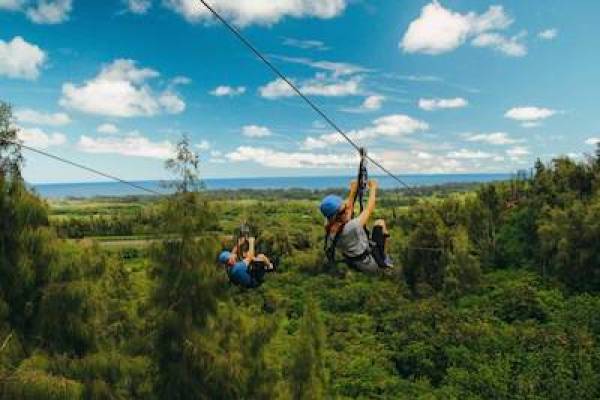 Two people zip lining over trees