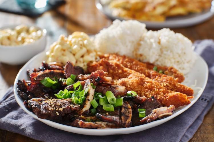 Hawaiian barbecue chicken plate on a table