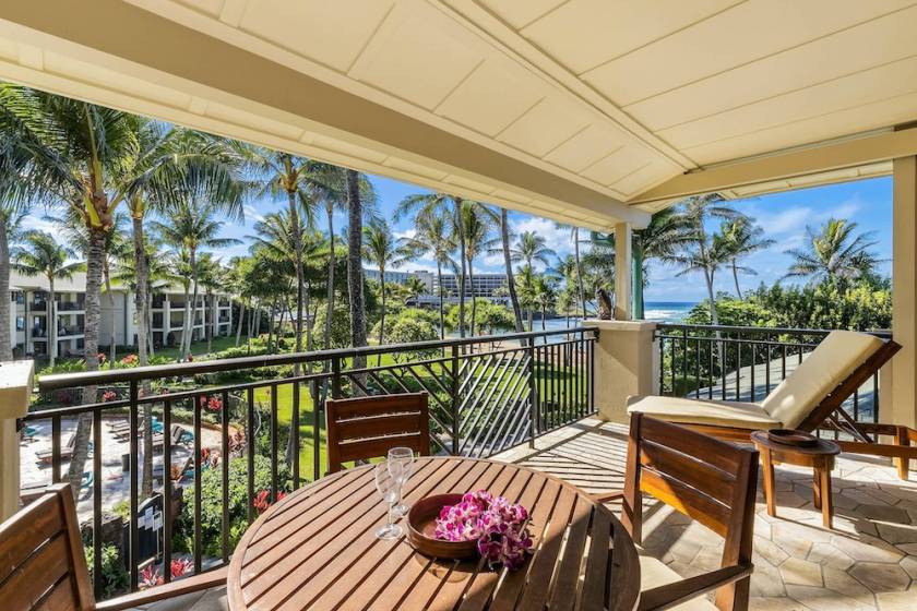 Furnished vacation rental lanai with view of ocean and resort grounds