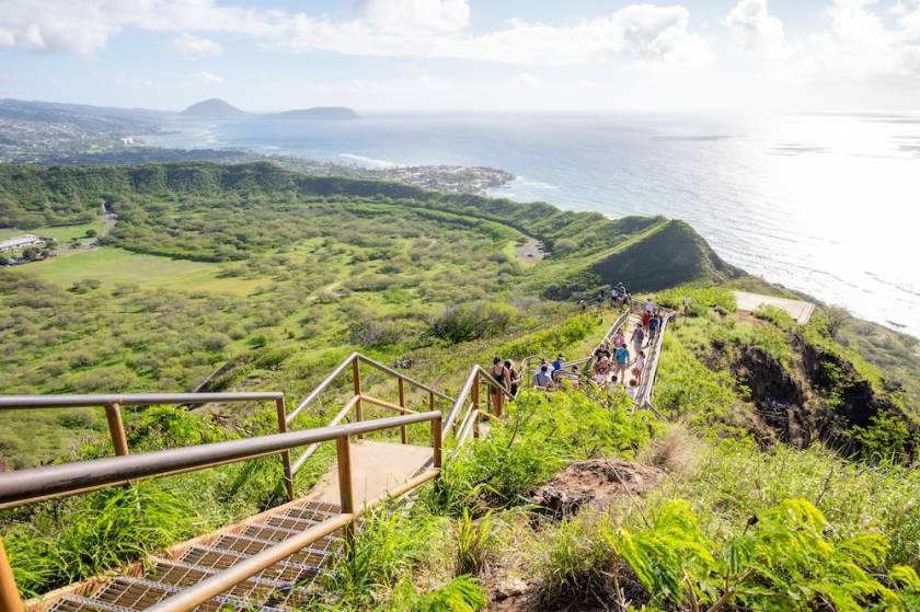 Hiking trail with mountain and ocean views in background