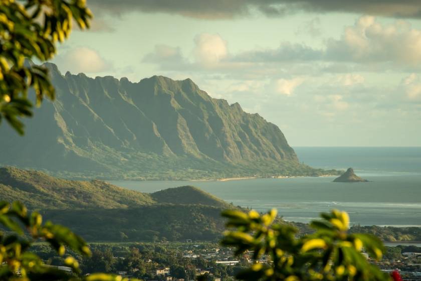 The Koolau Mountains and coastline viewed from across Kaneohe Bay