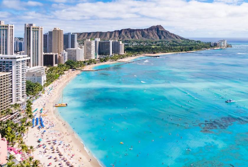 Aerial view of the bay and shoreline at Waikiki Beach